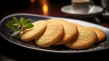 foto de azúcar galletas como un plato en un gama alta restaurante. generativo ai