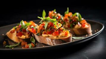 Photo of Summer Bruschetta as a dish in a high-end restaurant. Generative AI