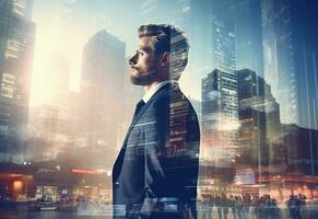 Ai generative A Double Exposure of a Businessman in the Cityscape Embodies Success and Future Plans photo