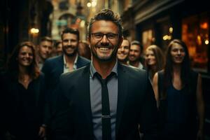 Ai Generative group of happy business man and business women, dressed in suits are smiling, in the office photo