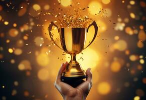 ai generativo mano participación oro trofeo taza con papel picado. celebrando con trofeo premio para éxito realista foto