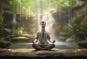 ai generativo foto de un hombre practicando atención plena y meditación en un pacífico natural ambiente sony a7s realista imagen, ultra alta definición, alto diseño muy detallado