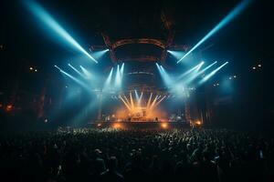 Ai generative Crowded Concert Stage Scenery With Spotlights and Colored Lights realistic image, ultra hd photo