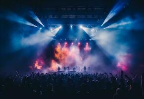 Ai generative Concert Stage Scenery With Spotlights Colored Lights Smoke photo