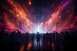 Ai generative Crowded Concert Stage Scenery With Spotlights and Colored Lights realistic image, ultra hd photo
