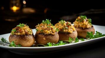 Photo of Stuffed Mushrooms as a dish in a high-end restaurant. Generative AI