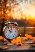 Alarm clock rests on autumn leaves against a backdrop of natural scenery photo