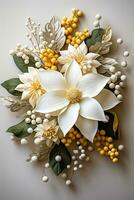 plano laico de tradicional Navidad decoración con blanco y amarillo flor de pascua muérdago y blanco bayas foto