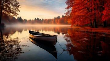 A serene lake nestled in the misty embrace of autumns warm colors capturing the essence of Novembers tranquility photo