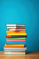 A colorful stack of textbooks on a desk background with empty space for text representing back-to-school themes photo