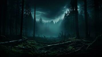 A misty forest with haunting trees shrouded in darkness background with empty space for text photo