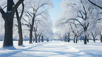 City park trees bent under ice load background with empty space for text photo