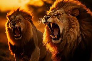 Two lions in a fierce confrontation in the Serengeti with a dramatic sunset background providing empty space for text photo