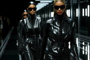 Futuristic models in sleek monochrome suits reflecting sci-fi chic on a neon grid runway photo