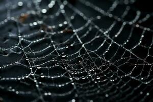 Intricate silver spider webs delicately intertwined casting shadows on a brooding charcoal background photo