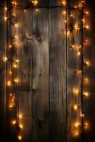 Retro-style Christmas lights and garlands illuminating a rustic wood panel background with empty space for text photo