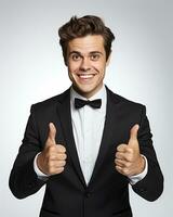 Ai generative photo business concept portrait of excited man dressed in formal wear giving thumbs up