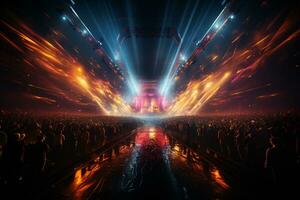 Ai generative Crowded Concert Stage Scenery With Spotlights and Colored Lights realistic image, ultra hd photo