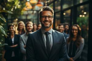 ai generativo grupo de contento negocio hombre y negocio mujer, vestido en trajes son sonriente, en el oficina foto