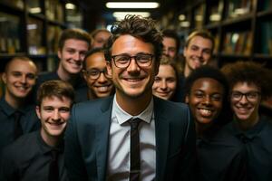 Ai Generative group of happy business man and business women, dressed in suits are smiling, in the office photo