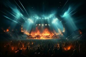 Ai generative Crowded Concert Stage Scenery With Spotlights and Colored Lights realistic image, ultra hd photo