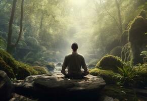 ai generative photo of a man practicing mindfulness and meditation in a peaceful natural environment sony A7s realistic image, ultra hd, high design very detailed