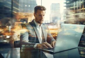 Ai Generative double exposure photo of a business man using laptop on his desk front view office background