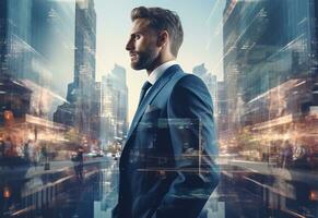 Ai generative A Double Exposure of a Businessman in the Cityscape Embodies Success and Future Plans photo