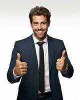 Ai generative photo business concept portrait of excited man dressed in formal wear giving thumbs up