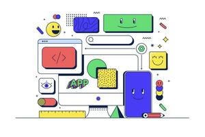 A colorful illustration of a computer screen with various icons vector