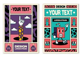 dos vistoso carteles con dibujos animados caracteres y texto vector