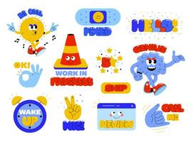 a set of stickers with various characters and phrases vector