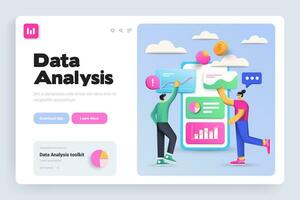 Data analysis landing page with people holding smartphones vector