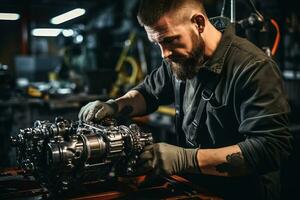 Detailed view of a mechanic's tools and hands as he fixes a car transmission photo