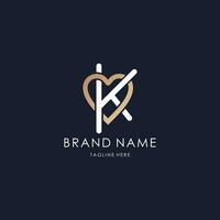 letra k logo sencillo monograma inicial creativo líneas amor corazón diseño lujo dorado estilo vector