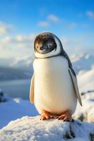 retrato de un animado pingüino en un Nevado escena con un sereno puesta de sol fondo foto