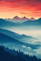 Colorful double exposure of Tatra mountains at sunrise displaying minimalist scenery enhanced with color gradients photo