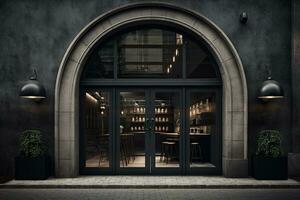 un oscuro negro restaurante con un circular arqueado Entrada foto