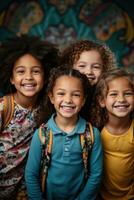 A group of excited students stand in front of a colorful chalkboard ready for a new school year photo