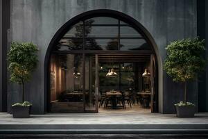 a dark black restaurant with a circular arched entrance photo