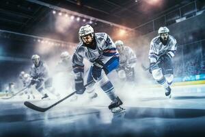 Hockey player is playing hockey in the stadium photo