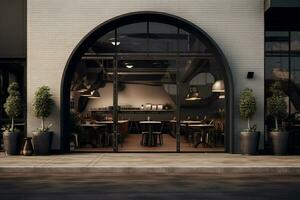 a dark black restaurant with a circular arched entrance photo