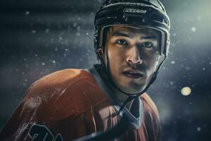 Hockey player is playing hockey in the stadium photo