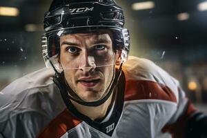 Hockey player is playing hockey in the stadium photo