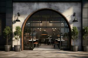 a dark black restaurant with a circular arched entrance photo