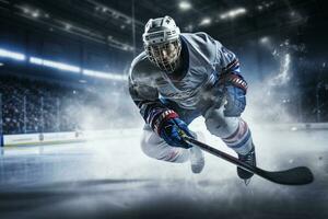 Hockey player is playing hockey in the stadium photo