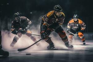 Hockey player is playing hockey in the stadium photo