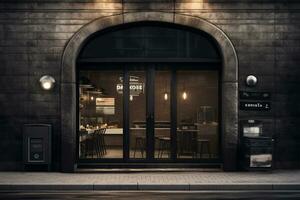 un oscuro negro restaurante con un circular arqueado Entrada foto