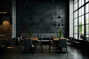 an modern interior restaurant full of grey furniture and black tables photo