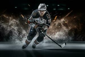 Hockey player is playing hockey in the stadium photo